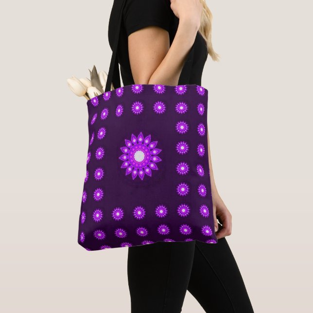 WHITE PURPLE FLOWER MANDALA TOTE BAG (Close Up)