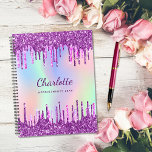 White purple glitter drips pink planner<br><div class="desc">A rainbow,  unicorn colored holographic background.  Decorated with faux glitter drips in purple and pink.  Personalize and add a name,   purple colored letters and your text on the spine.  Perfect for school,  work,  family,  back to school.  The name is written with a modern hand lettered style script.</div>