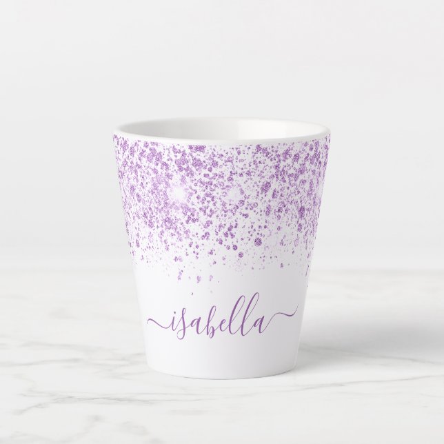 White purple glitter name script latte mug (Front)
