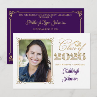 White, Purple, Gold 2026 Photo Graduation Invite