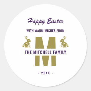 White Purple Gold Monogram Name Happy Easter Bunny Classic Round Sticker