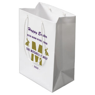 White Purple Gold Monogram Name Happy Easter Bunny Medium Gift Bag