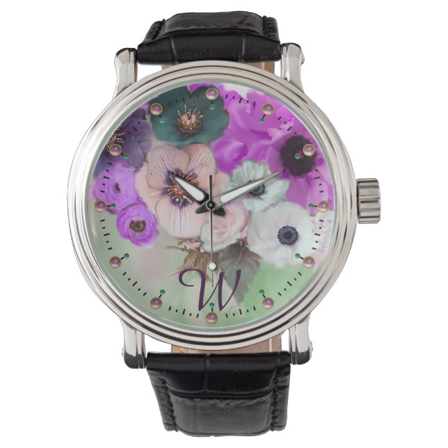 WHITE PURPLE GREEN ROSES,ANEMONE FLOWERS MONOGRAM WATCH (Front)
