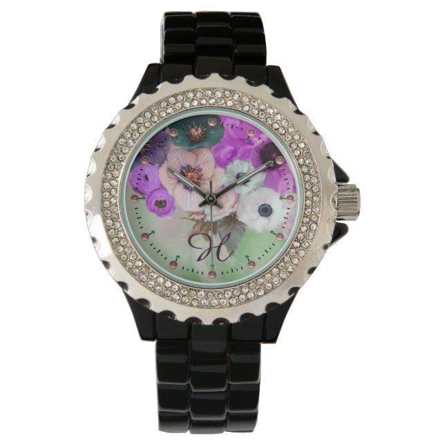 WHITE PURPLE GREEN ROSES,ANEMONE FLOWERS MONOGRAM WATCH (Front)