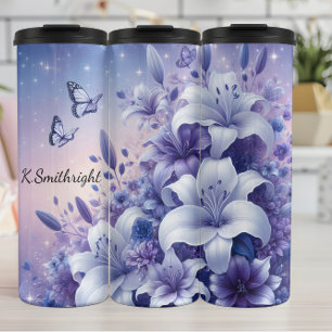 White Purple Lily Butterfly Sparkle Thermal Tumbler