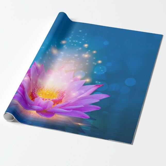 White Purple Lotus Flower Zen Blue Wrapping Paper (Unrolled)