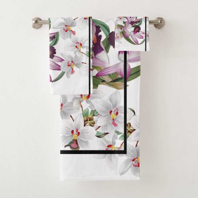 White Purple Orchid Flowers Stripe Bath Towel Set (Insitu)