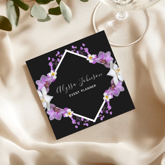 White & Purple Orchid Frame Floral Event Planner  Square Business Card (Creator Uploaded)