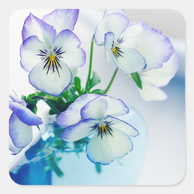 White Purple Pansies Flowers Blue Vase Floral Square Sticker (Front)