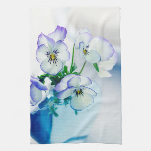 White Purple Pansies Flowers Blue Vase Floral Tea Towel