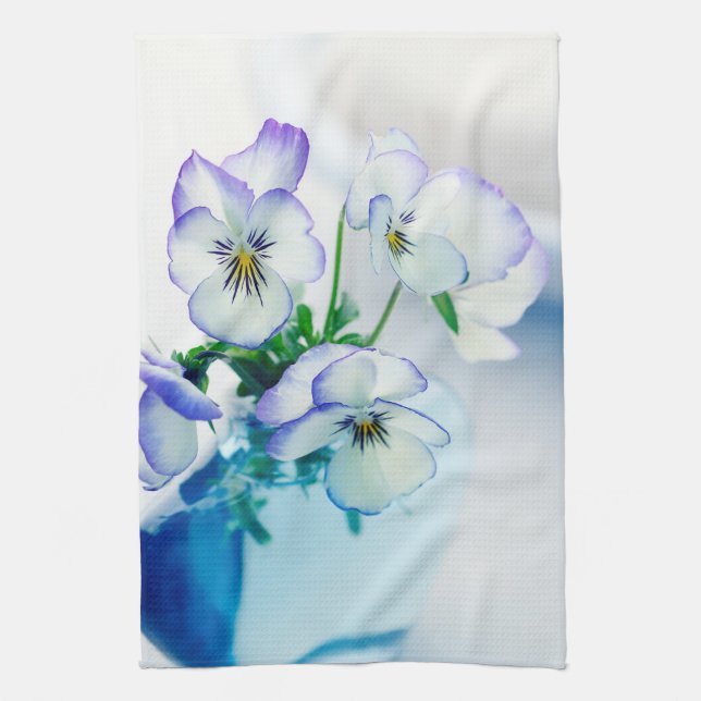 White Purple Pansies Flowers Blue Vase Floral Tea Towel (Vertical)