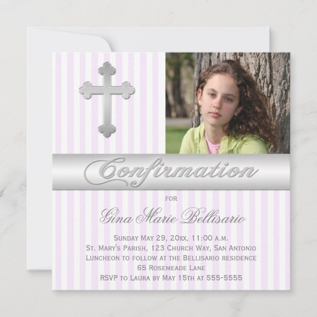White Purple Stripes Confirmation Photo Invitation (Front)