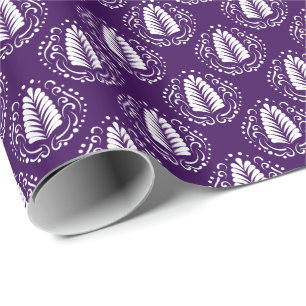 White & Purple Stylised Damasks Feathers Wrapping Paper