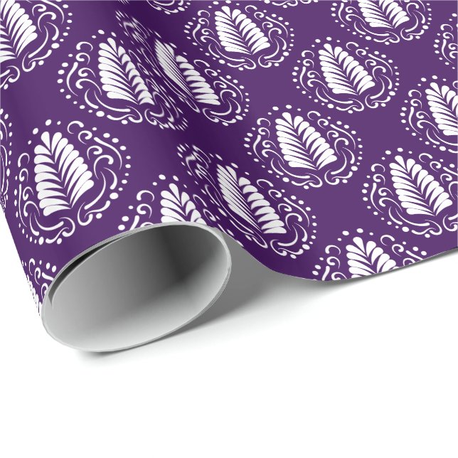 White & Purple Stylised Damasks Feathers Wrapping Paper (Roll Corner)