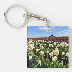 White & Purple Tulip Field with Hot Air Balloon Key Ring