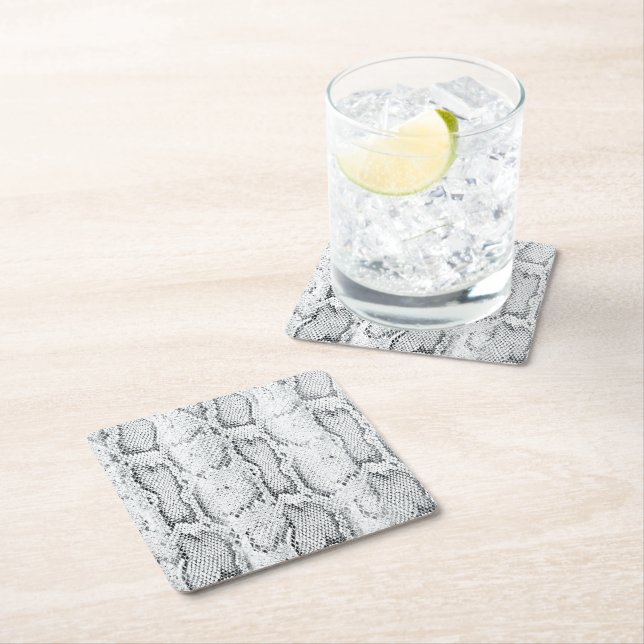 White Python Snake Skin Print Square Paper Coaster (Insitu)