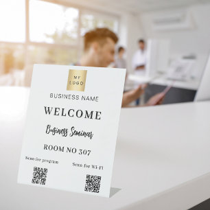 White QR code business logo seminar room wifi Pedestal Sign