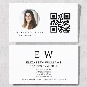White QR Code Photo Monogram Minimalist Business Card