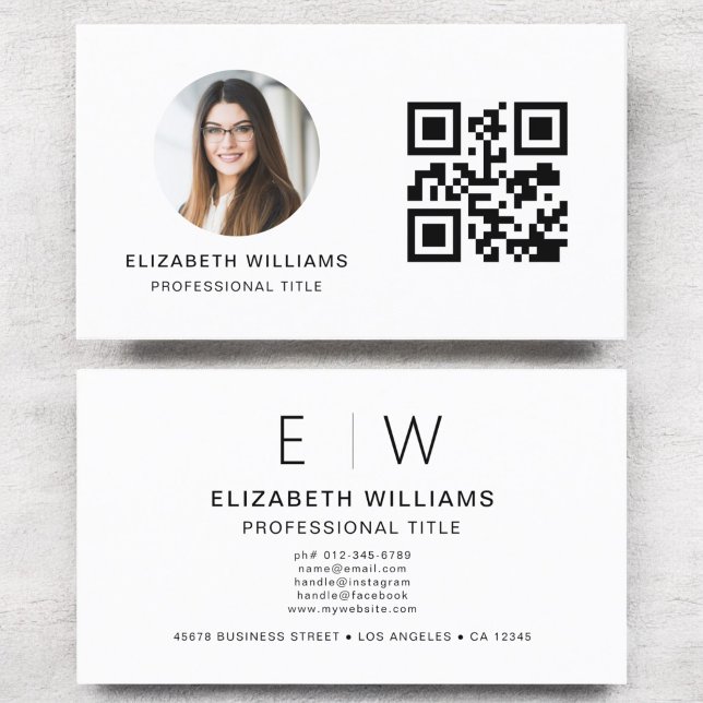 White QR Code Photo Monogram Minimalist Business Card (Creator Uploaded)