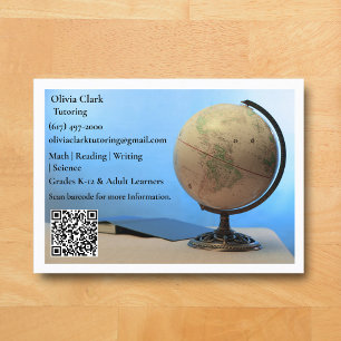 White QR Code Tutor Teacher Globe & Book Classroom Business Card