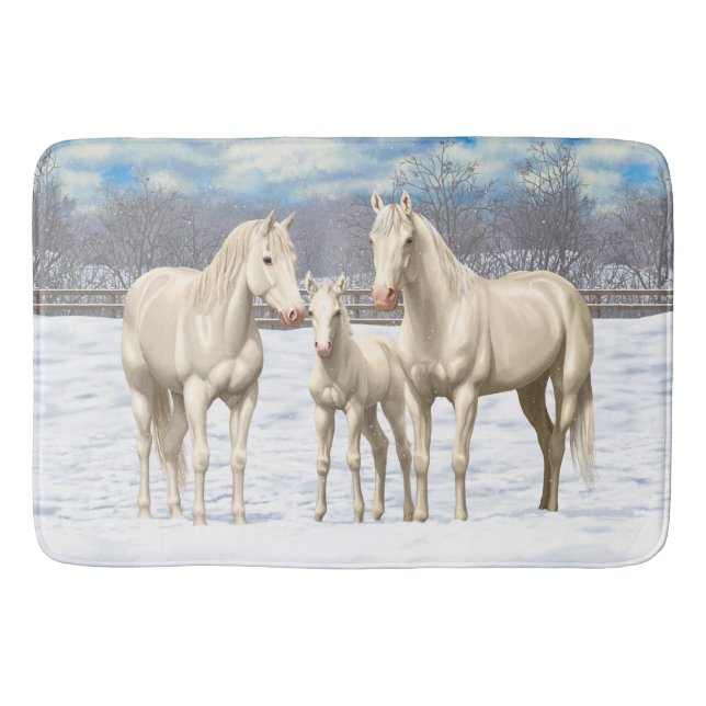 White Quarter Horses In Snow Bath Mat (Front)