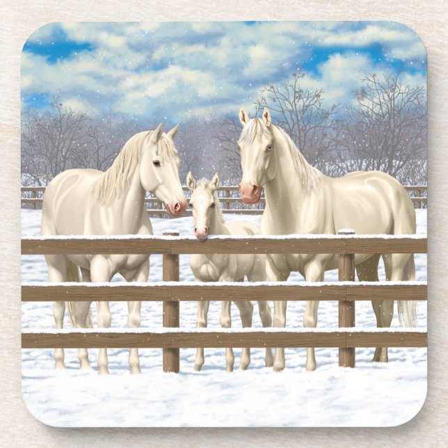 White Quarter Horses In Snow Coaster (Front)