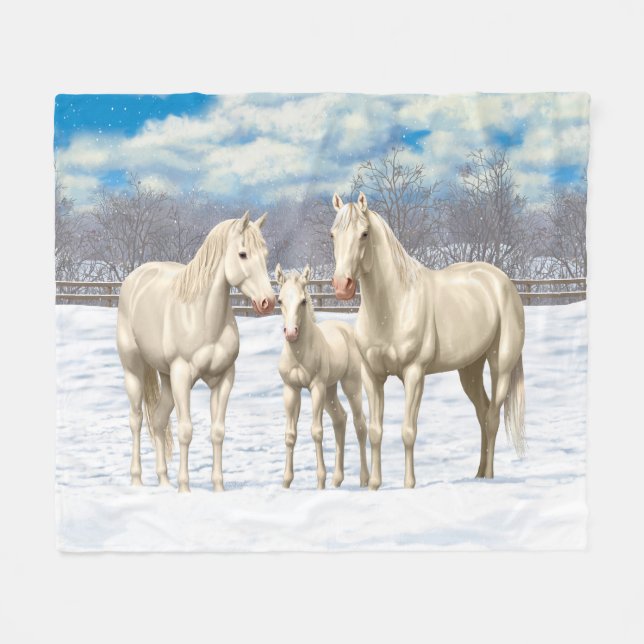White Quarter Horses In Snow Fleece Blanket (Front (Horizontal))