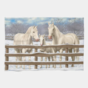 White Quarter Horses In Snow Tea Towel