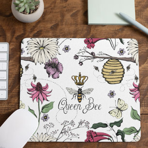 White Queen Bee Royal Crown Floral Pattern Mouse Mat