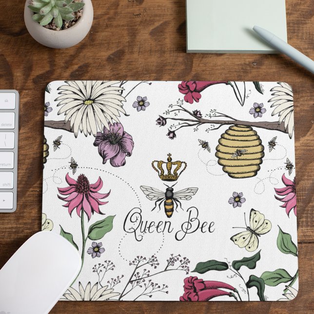 White Queen Bee Royal Crown Floral Pattern Mouse Mat (White Queen Bee Royal Crown Floral Pattern with Queen Bee, Crown, Exotic flowers, bees, beehive)