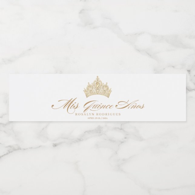 White Quinceanera Gold Elegant Tiara Water Bottle Label (Single Label)