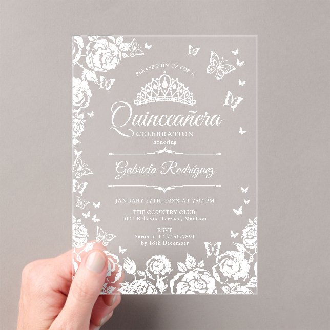 White Quinceanera Roses Butterflies Acrylic Invitations (Insitu (Handheld))