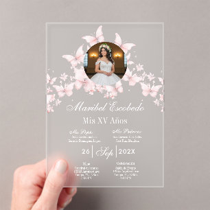 White quinceañera with picture invitation