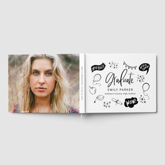 White Quirky Doodle Graduation Party Photo  Guest Book (Full)