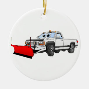 White R Pick Up Snow Plough Cartoon Ceramic Tree Decoration