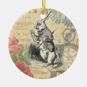 White Rabbit Alice Adventures Wonderland Art Ceramic Tree Decoration
