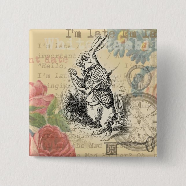White Rabbit Alice in Wonderland Art 15 Cm Square Badge (Front)