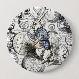 White Rabbit Alice in Wonderland Clocks 10 Cm Round Badge