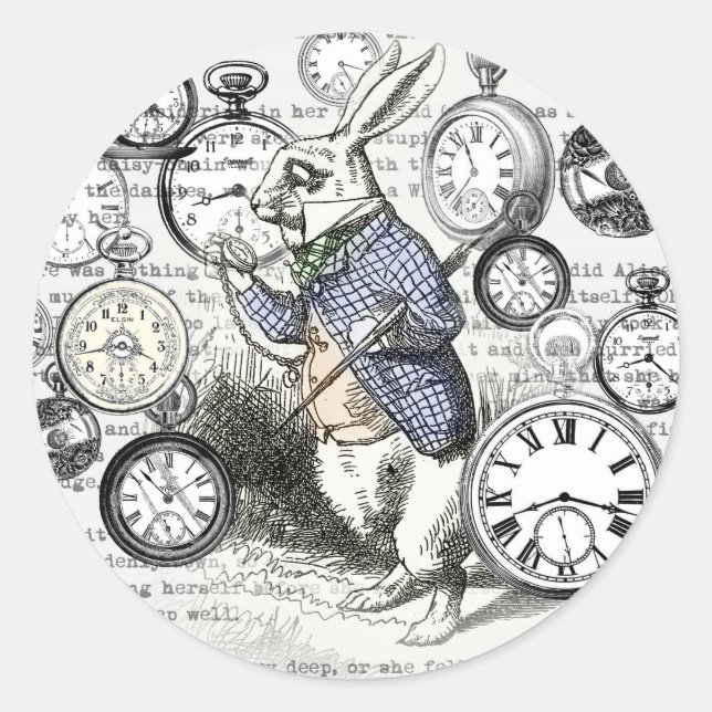 White Rabbit Alice in Wonderland Clocks Classic Round Sticker (Front)