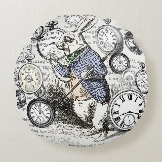 White Rabbit Alice in Wonderland Clocks Round Cushion (Front)