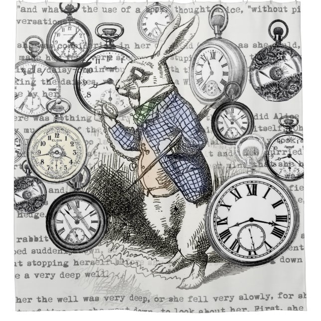 White Rabbit Alice in Wonderland Clocks Shower Curtain (Front)