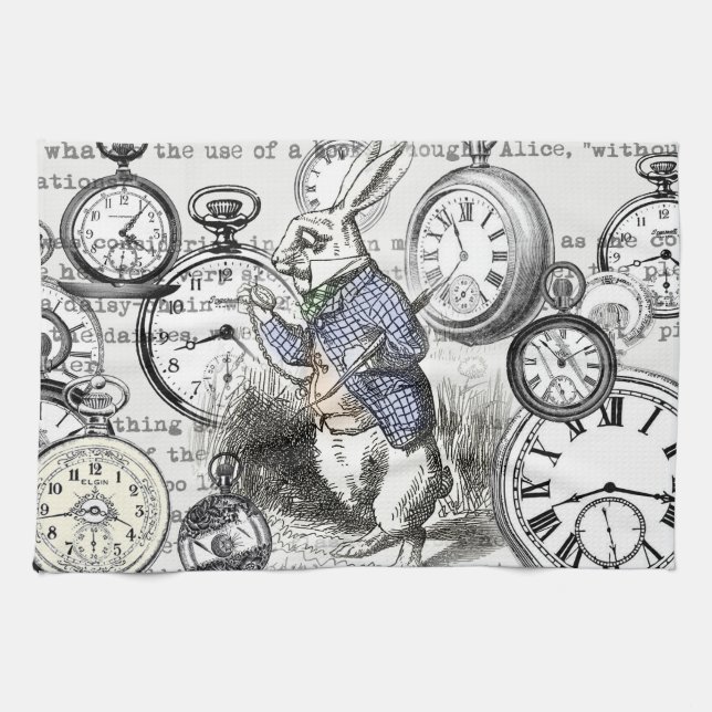 White Rabbit Alice in Wonderland Clocks Tea Towel (Horizontal)
