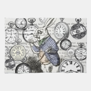 White Rabbit Alice in Wonderland Clocks Tea Towel