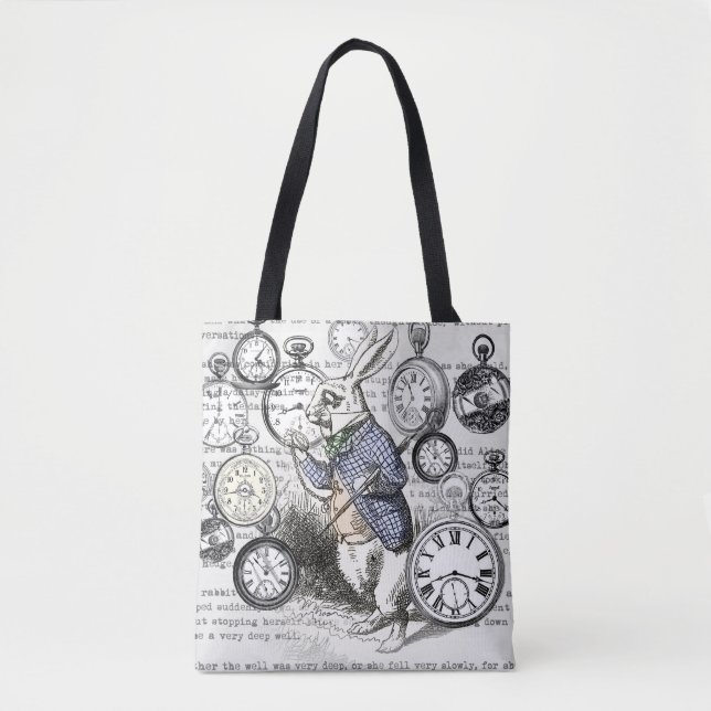White Rabbit Alice in Wonderland Clocks Tote Bag (Front)