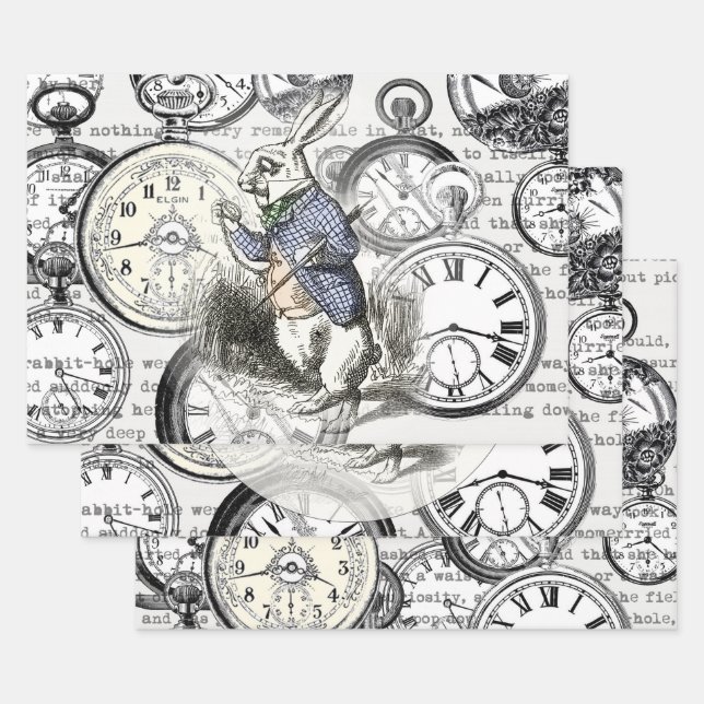 White Rabbit Alice in Wonderland Clocks Wrapping Paper Sheet (Set)