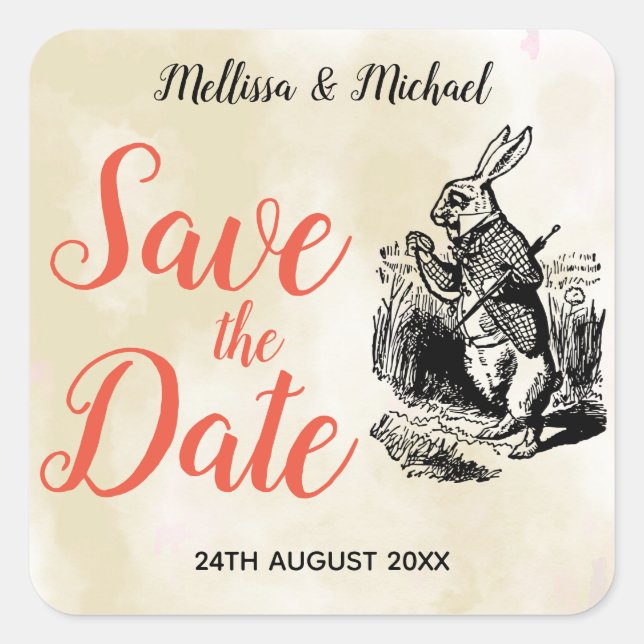 White Rabbit Alice in Wonderland Save the Date Square Sticker (Front)