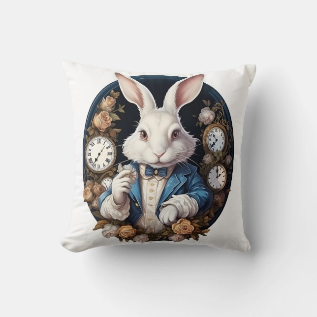 White Rabbit Alice in Wonderland Watches and roses Cushion (Front)