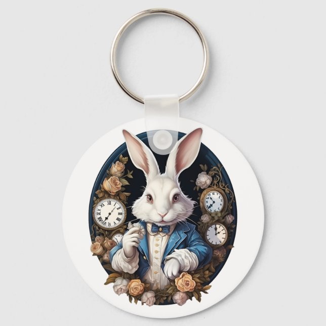 White Rabbit Alice in Wonderland Watches and roses Key Ring (Front)
