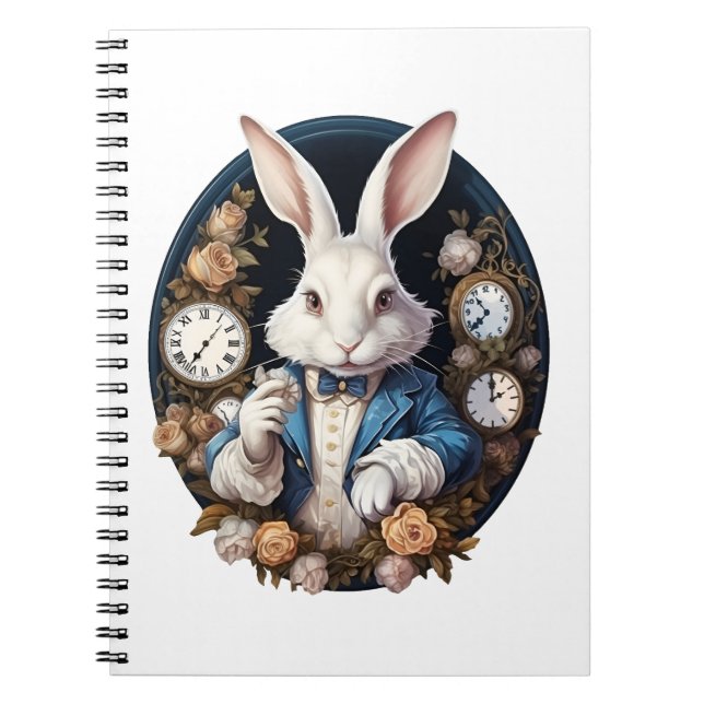 White Rabbit Alice in Wonderland Watches and roses Notebook (Front)