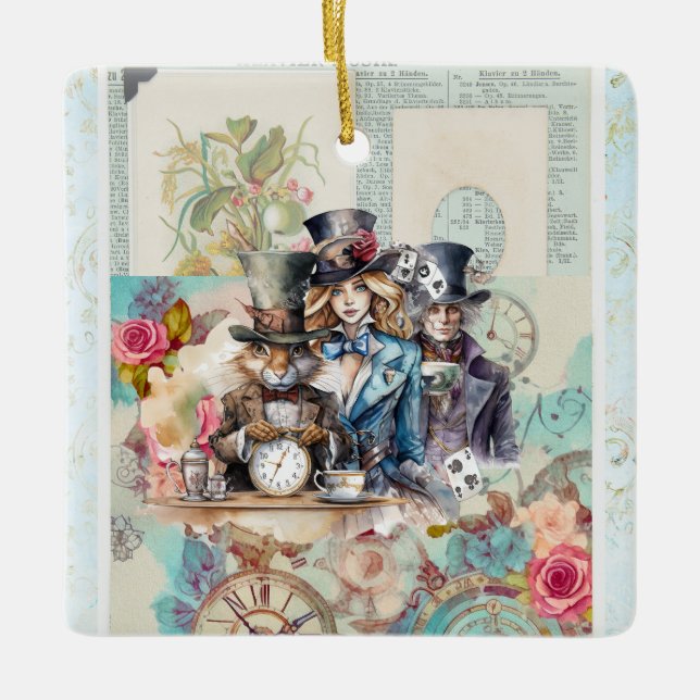 White Rabbit, Alice & Mad Hatter in Top Hats Ceramic Ornament (Front)